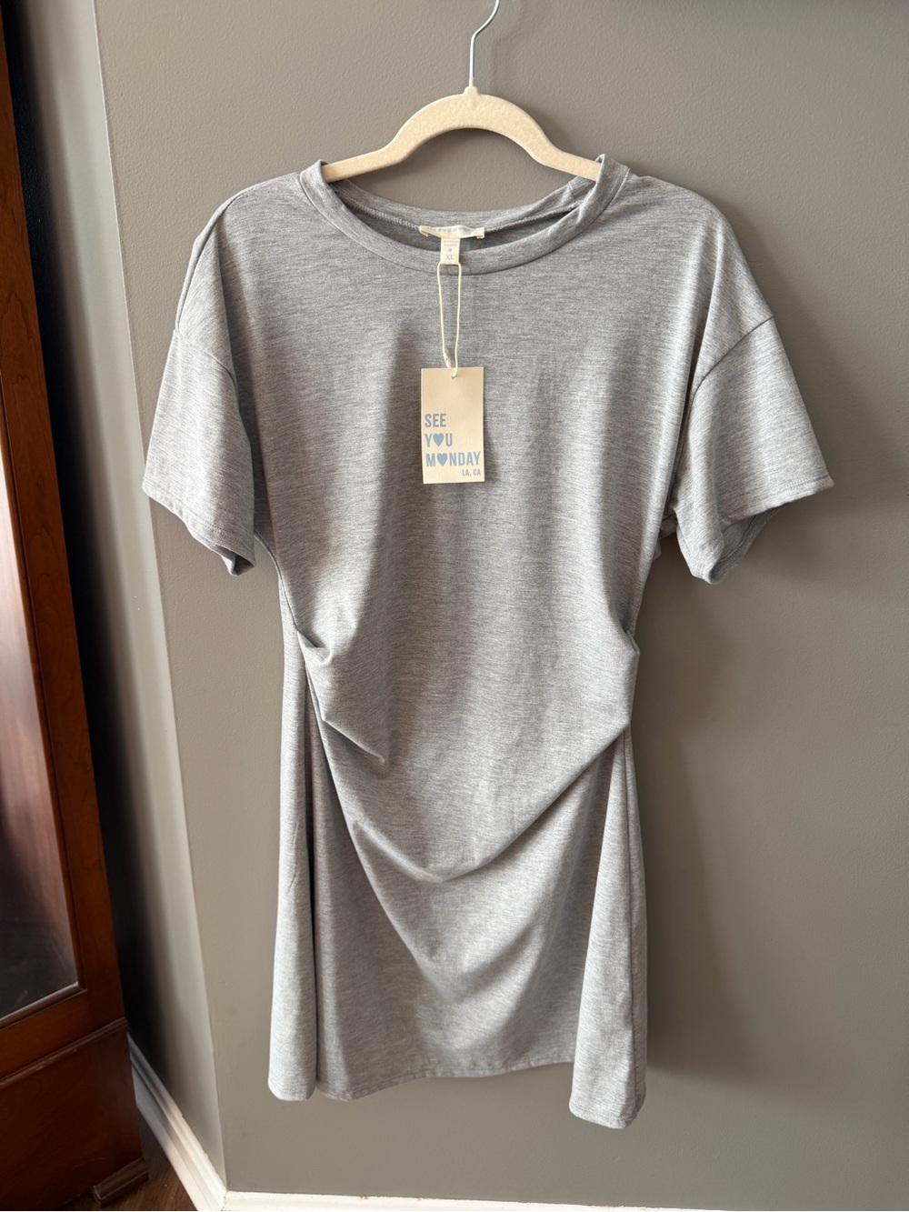 NWT. See You Monday Gray Short Sleeve Draped Juniors Dress. Size XL